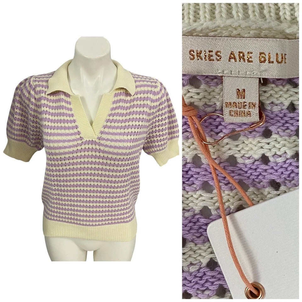 Skies Are Blue Sweater Womens Medium Purple Stripe Cottagecore Peasant Feminine - Image 1 of 4