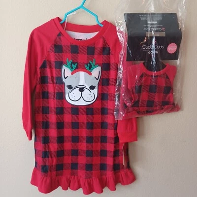 Camisón pijama Cuddl Duds niña y muñeca de 18" rojo a cuadros de búfalo franela-4T Foto 1 de 4
