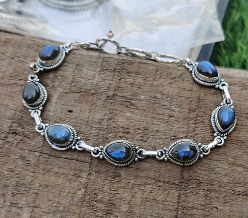VALENTINO Bracciale Pietre Preziose Labradorite Argento Sterling 925 Bracciale Fatto a Mano Uomo & Donna