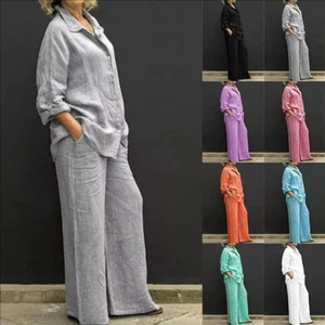 2Pcs Ladies Tracksuit Blouse Tops+Wide Leg Pants Co Ord Set Loungewear PLUS SIZE - Picture 1 of 24