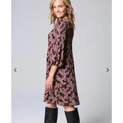 J. Jill Paisley Pleated  3/4 Sleeve Relaxed Black Pink Midi Dress Women Sz XL - Image 1 of 4