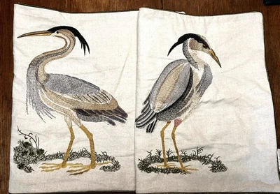 Pair Throw Pillow Covers Embroidered BLUE HERONS BY THE ROYAL STANDARD 18”x18” - Image 1 of 4