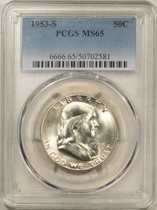 1953-S FRANKLIN HALF DOLLAR - PCGS MS-65 WHITE GEM! - Picture 1 of 3