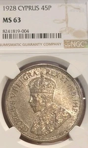 Cyprus 1928 45 Piastres, Crown Superb Gem NGC63+PQ, Full Strike/ Luster Rare - Picture 1 of 9