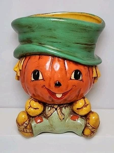 Vtg Halloween Jack O Lantern Scarecrow Ceramic Vase Planter Handpainted 6" H - Picture 1 of 10