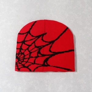 Spider Web Beanie Hat Cap Red Black - Picture 1 of 1