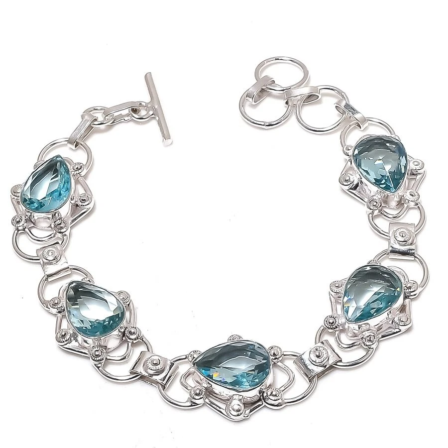 Aqua Aquamarine Gemstone Handmade 925 Sterling Silver Jewelry Bracelet Size 7-8 - Image 1 of 1