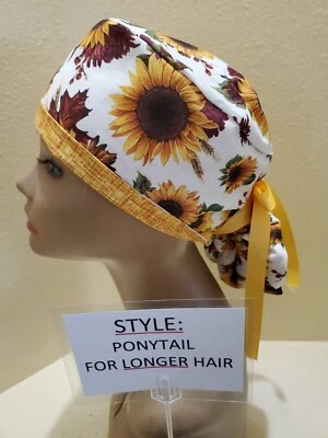 Sunflowers & Mums Fall Women's Ponytail Surgical Scrub Hat/Cap Handmade - Image 1 of 4