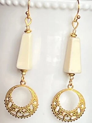 Vintage Ivory Bead and Gold Filigree Earrings. - Image 1 of 3