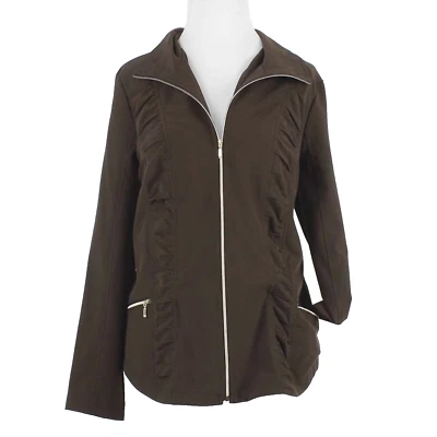 Zenergy 尺寸 1 棕色褶皱前涤纶混纺拉链前夹克 — 第 1/4 张图片