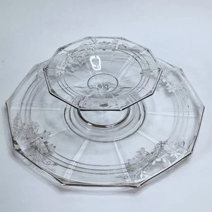 Vintage Sterlingsilber Overlay Cambridge Decagon Glas zweiteiliges Chip Dip Set - Bild 1 von 16