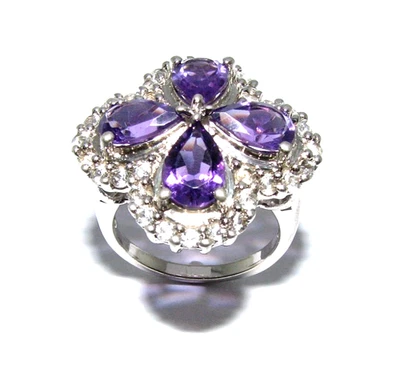 Anello Cocktail In Argento Con Pietre Chiare E Ametista Per Donne Taglia R 1/2 - Immagine 1 di 4