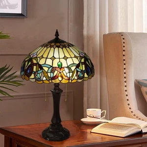Tiffany Lamps Stained Glass Table Lamp, 2-Lights Antique Brown Red Desk Light - Picture 1 of 12