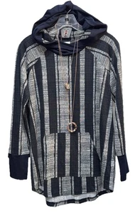 Neu mit Etikett LuLaRoe Medium marineblau grau & weiß gestreift Strick bernsteinfarben Kapuzen-SWEATSHIRT - Bild 1 von 7