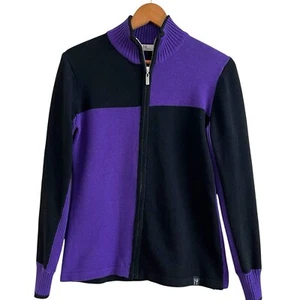 NEVE Colorblock Cardigan Maglione M Full Zip Viola Nero Ski Lodge Cabincore - Foto 1 di 9