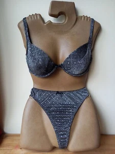 Silver Glitter Sparkly Padded Removable Pads 34D Bra 10/12 Thong Set BRAND NEW # - Picture 1 of 12