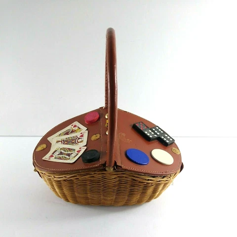Vintage Gaming Basket W Dice Dominos Chips Cards Checkers Vinyl Lid & Handle Cover