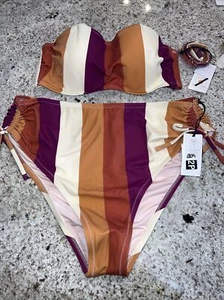 NWT Shade & Shore Bold Stripe Maroon Cream Orange Bikini Top 34B High Bottoms L! - Picture 1 of 8