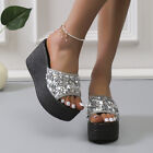 Womens Casual Shiny Peep Toe Slip-On Sandals Summer Slider Slippers Beach Shoes