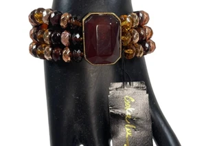 New Stretch Brown Acrylic Gemstone Statement Cookie Lee Brown Beaded Bracelet - Picture 1 of 5