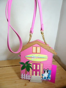 Betsey Johnson Figural Pink Beach House with Bull Dog Crossbody Bag XO BEACH NWT - Picture 1 of 17