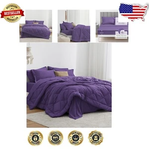 Complete King Size Bedding Set - Stylish 7-Piece Purple Comforter for Easy Care - Picture 1 of 8