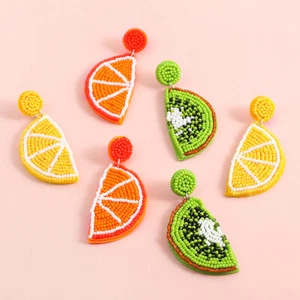 Sweet Summer Fruit Drop Dangle Earrings Handmade Seed Beads Lemon Kiwi Ear Studs - Picture 1 of 26