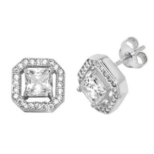 Square Stud Bling Small Earrings Crystal Rhodium Plated UK Seller 10mm - Foto 1 di 1