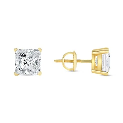 IGI F/VVS 3 Ct Princess Lab Created Grown Diamond Earrings Studs 14K Yellow Gold - Image 1 of 3