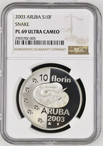 2003 Aruba 10 Florin Silver Proof NGC PF69 Ultra Cameo Snake 2000 Mintage - Picture 1 of 2