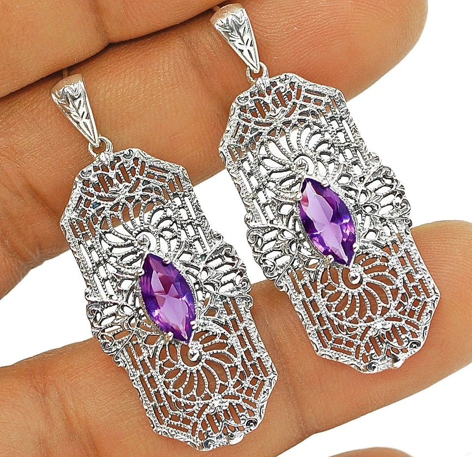 4CT Natural Amethyst 925 Sterling Silver Victorian Style Earrings NU1-4 - Image 1 of 1