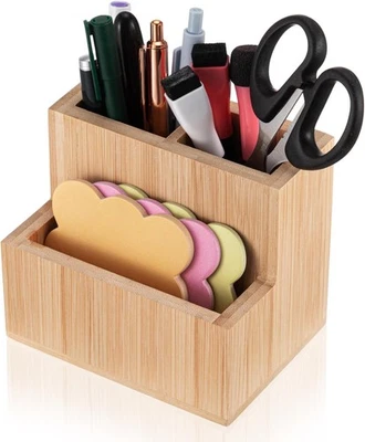 Bamboo Wood Pen Holder for Desk Wooden Pencil Remote Control Organizer with 3 - Image 1 of 4