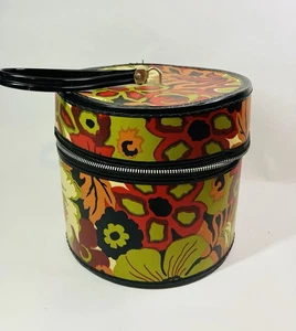 Vtg Floral Flower Hat Box Wig Case Train Case Round Travel Luggage - Picture 1 of 11