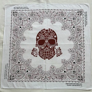 Vintage Bandana White Cotton Brown Sugar Skull &Paisley Pattern Handkerchief 20" - Picture 1 of 3