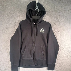 Reebok Womens Black Full Zip Hoodie Jacket Size Large Pockets Drawstring Logo - Picture 1 of 8