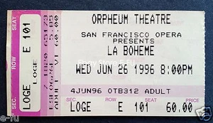 San Francisco Opera LA BOHEME 26. Juni 1996 Konzertkarte Stub Orpheum Theatre - Bild 1 von 2