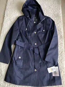 New Ladies London Fog Hooded & Belted Lined Trench Raincoat, Navy M - Picture 1 of 21