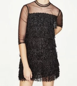 Zara Basic Collection Sz XS Fringe Mesh Mini Cocktail Dress Black Sexy - Foto 1 di 10
