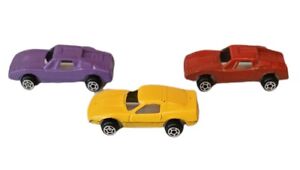 3 Vintage TootsieToy Metal Cars Yellow Corvette Purple & Orange Lamborghini 