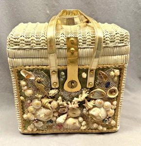 Vtg Atlas Style Purse Woven Wicker Basket Sea Shell Sea Horse Coral Princess - Picture 1 of 16