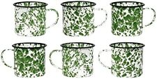 Set of 6 Enamel Metal 12 Oz Coffee Tea Mug  w/ Handle, Green Splatter/Black Rim