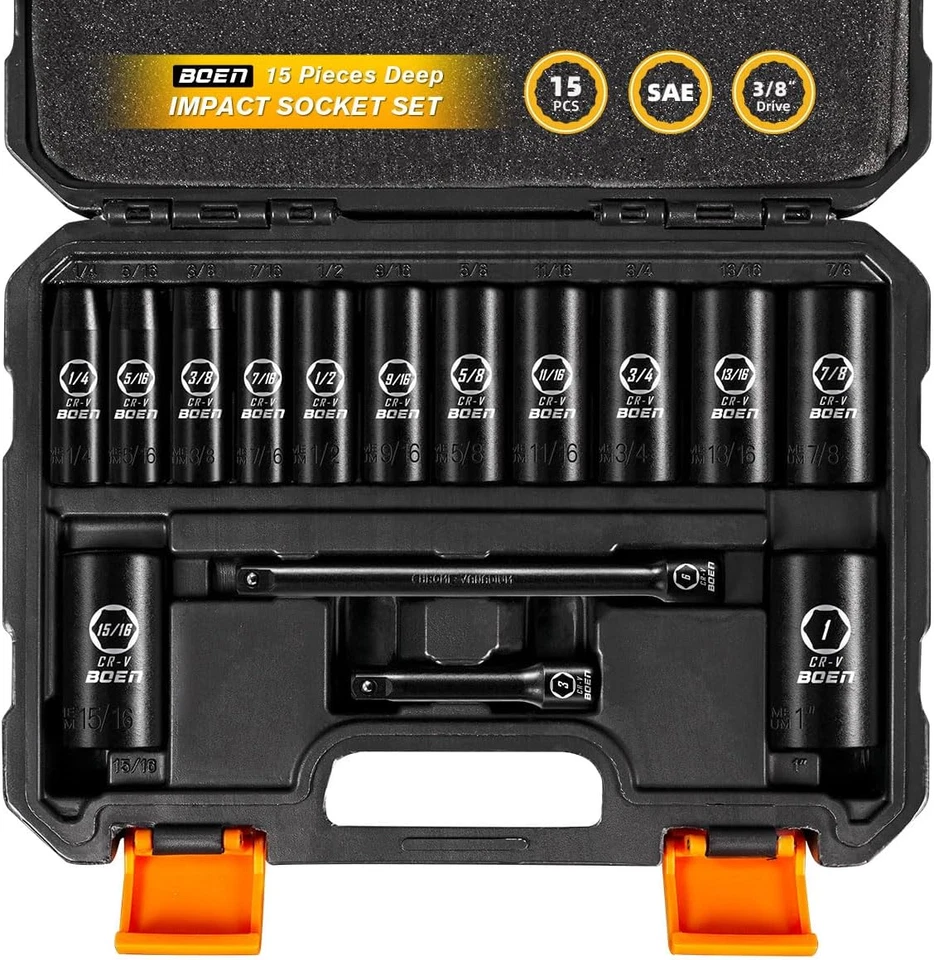 3/8" Drive Deep Impact Socket Set, 15 Piece SAE Socket Set 1/4" to 1", Includes - Image 1 of 4
