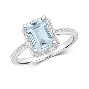 Real Aquamarine and Diamond Ring 9ct White Gold Emerald Cut Engagement Size J-Q - Picture 1 of 4