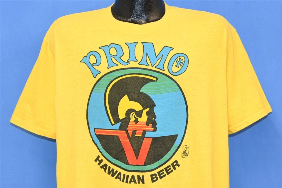 Camiseta vintage anos 70 PRIMO HAWAIIAN BEER POLI ALGODÃO AMARELO HI CRU GRANDE G - Imagem 1 de 4