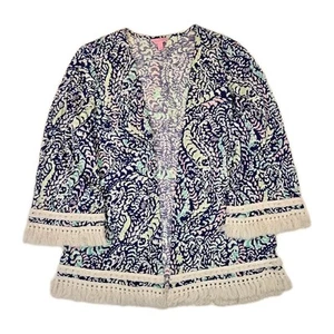Lilly Pulitzer Gigi Coverup Tunika Cardigan Kimono Fransen blau Gr. L Coastal - Bild 1 von 8