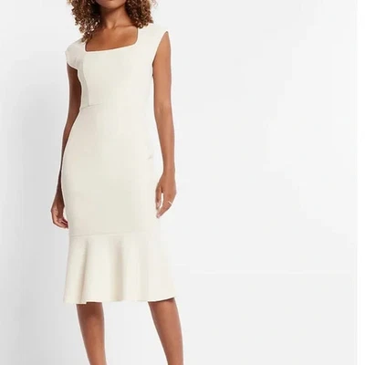 Express Size XS Square Neck Peplum Midi Sheath Dress Cream - Image 1 of 4