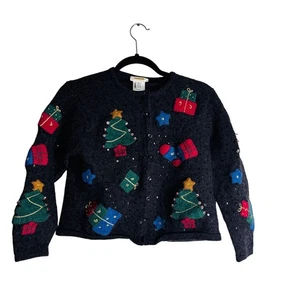 Talbots Women's M Vintage Cropped Wool Christmas Tree Granny Sweater Cardigan - Picture 1 of 7