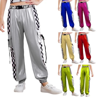 Kids Girls Jazz Hip Hop Dancewear Checkerboard Metallic Joggers Pant Jogging - Image 1 of 4