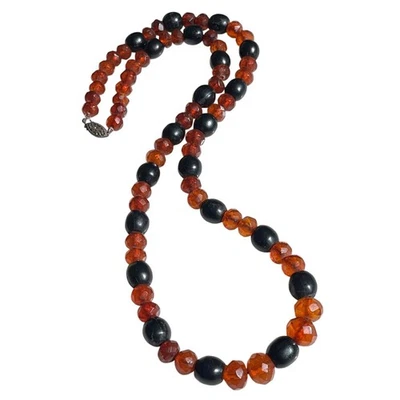 ANTIQUE VICTORIAN NATURAL BLACK JET FACETED HONEY BALTIC AMBER BEADED NECKLACE - Image 1 of 4