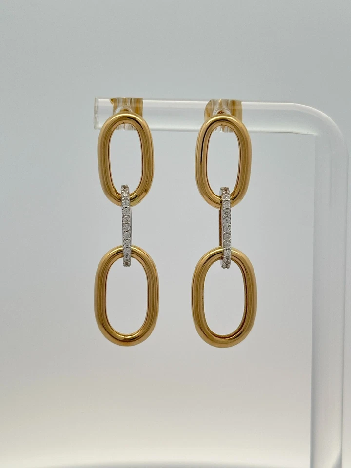 14k Solid Gold Paper Clip Earrings Middle Link Is White Gold With Cubic Zirconia - Image 1 of 4